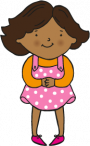 cartoon girl with pink dungaree dress smiling